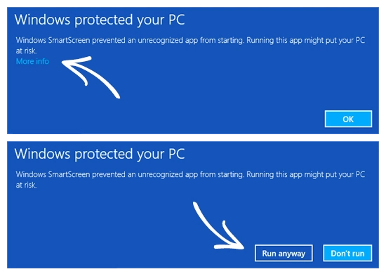 Windows protected your PC SmartScreen prompt — click More info then Run anyway